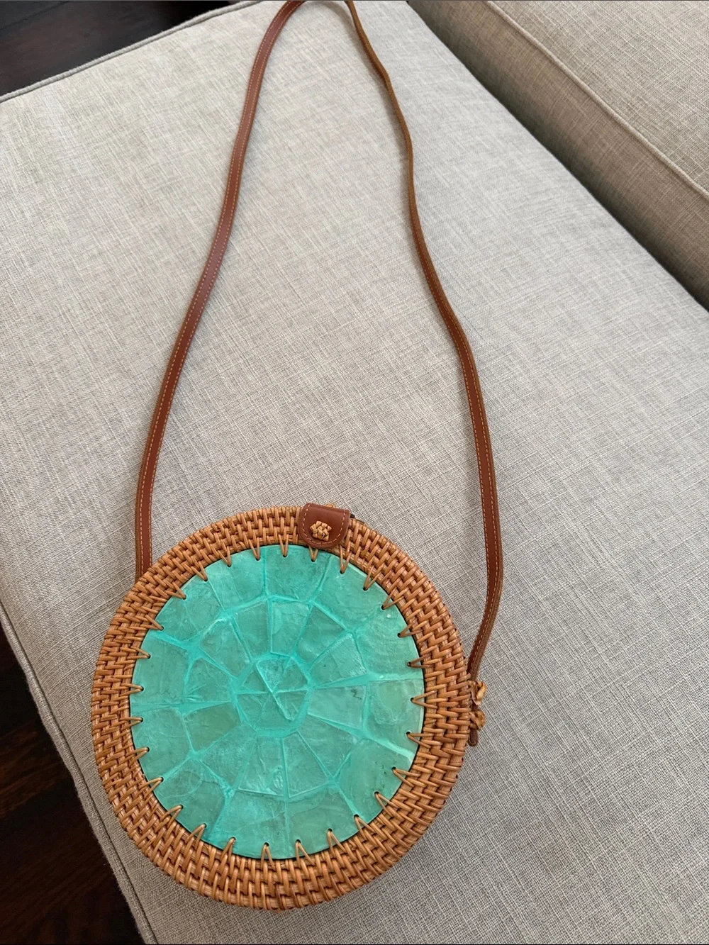 Woven Round Crossbody Bag with Turquoise Inlay